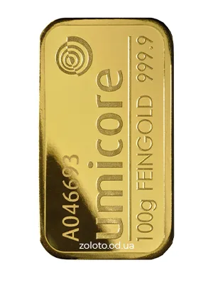 Слиток Umicore 100 г, 999,9 пробы, с номером