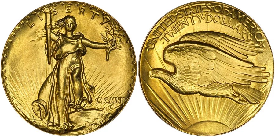 Монета 20 долларов Saint-Gaudens: аверс со Свободой и реверс с орлом