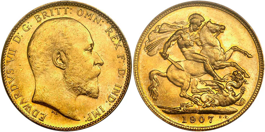 Соверен 1907 года: портрет Эдуарда VII и святой Георгий на реверсе